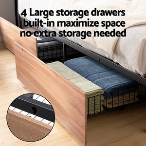 Artiss Metal Bed Frame | Queen | 2-Tier Storage Headboard | 4 Drawers | LED + USB | Vintage Brown