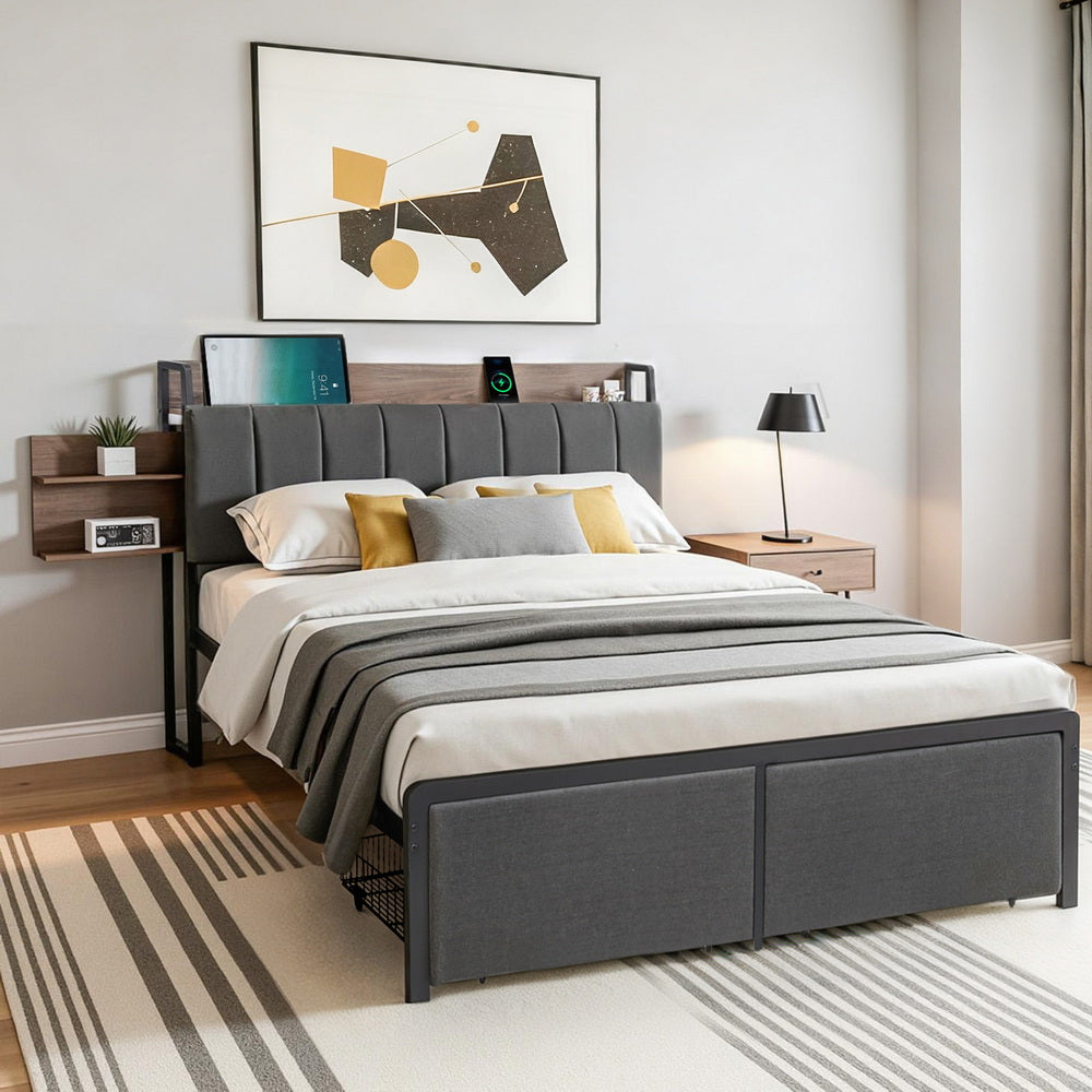 Metal Bed Frame | Double | Hidden 2-Tier Storage | Charging Station