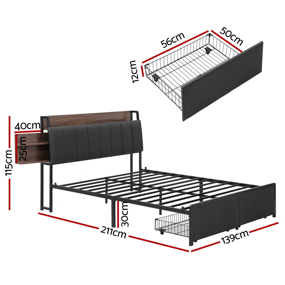 Metal Bed Frame | Double | Hidden 2-Tier Storage | Charging Station