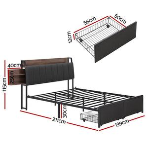 Metal Bed Frame | Double | Hidden 2-Tier Storage | Charging Station