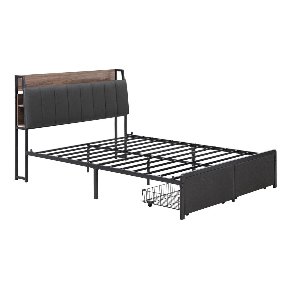 Metal Bed Frame | Double | Hidden 2-Tier Storage | Charging Station