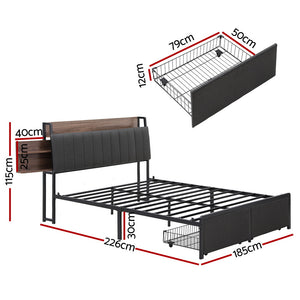 Metal Bed Frame | King | Hidden 2-Tier Storage | Charging Station