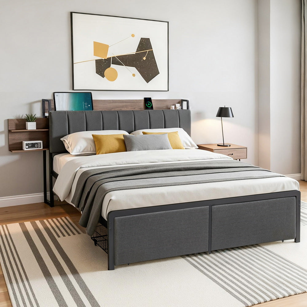 Metal Bed Frame | Queen | Hidden 2-Tier Storage | Charging Station