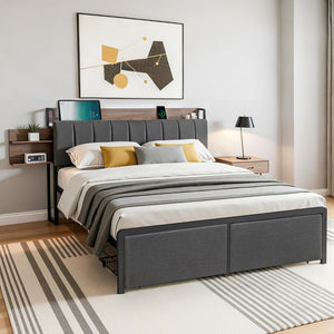 Metal Bed Frame | Queen | Hidden 2-Tier Storage | Charging Station