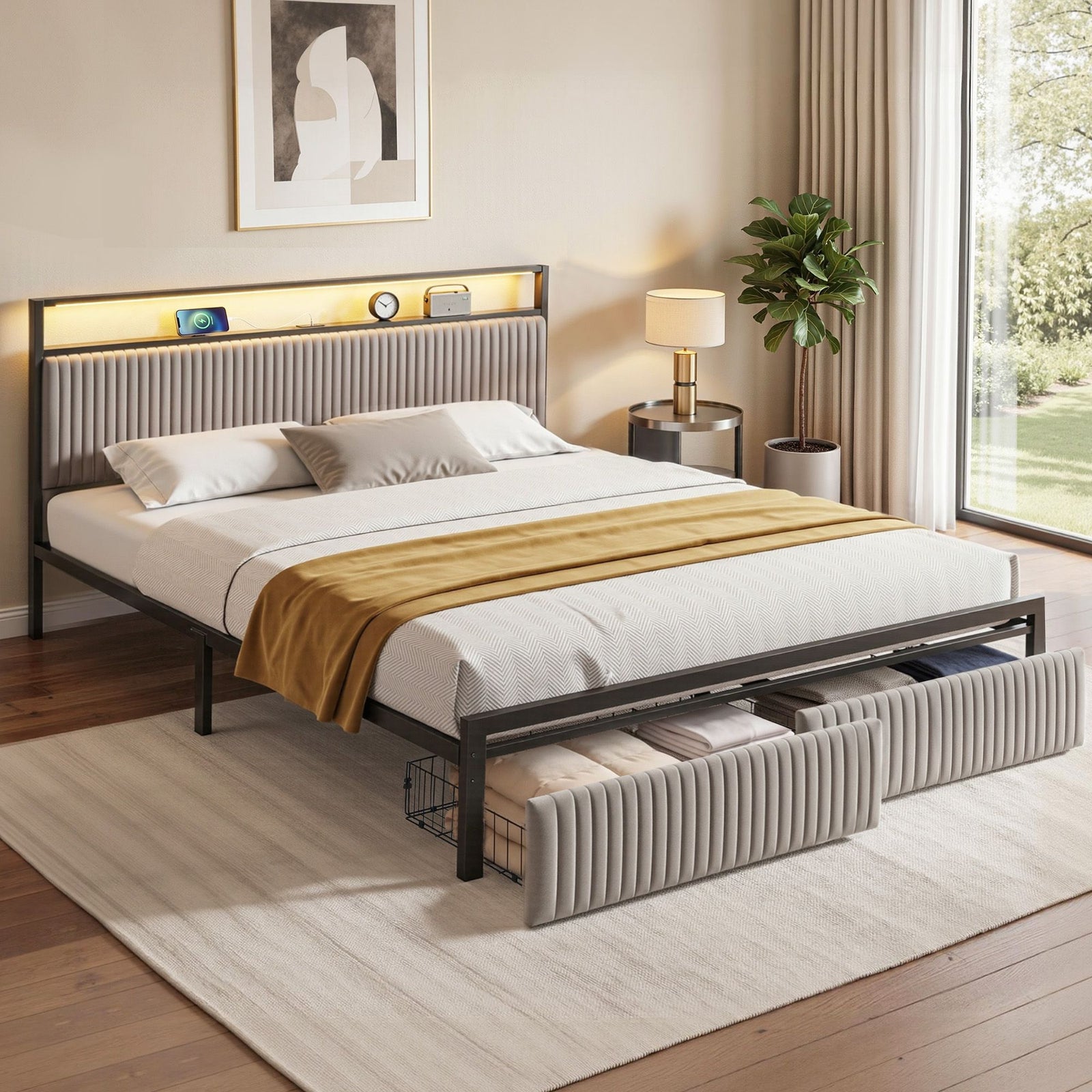 King Metal Bed Frame | LED Charging Station & 2 Drawers