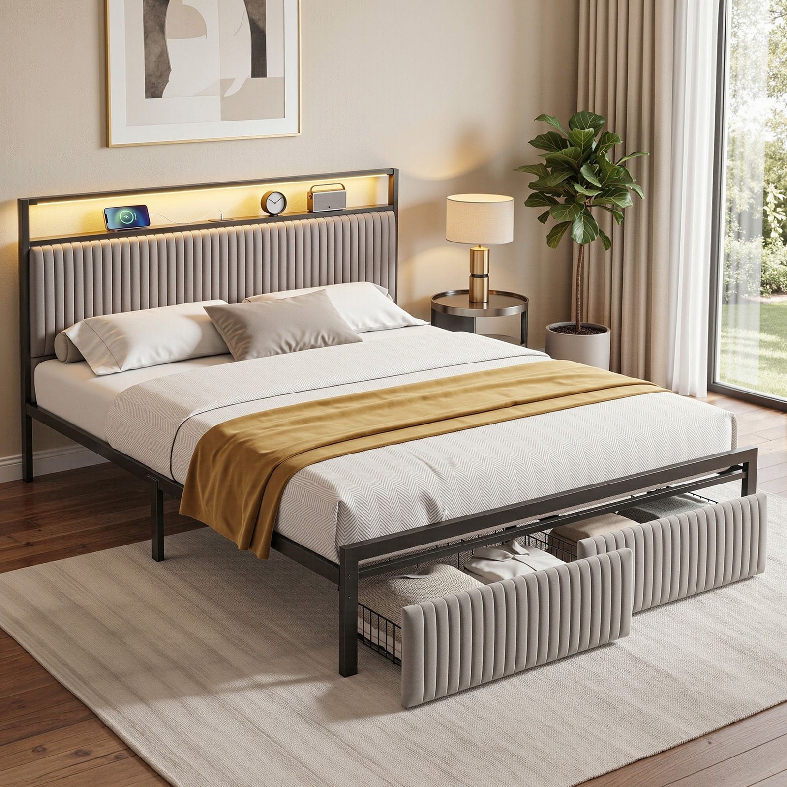 Queen Metal Bed Frame | LED Charging Station & 2 Drawers