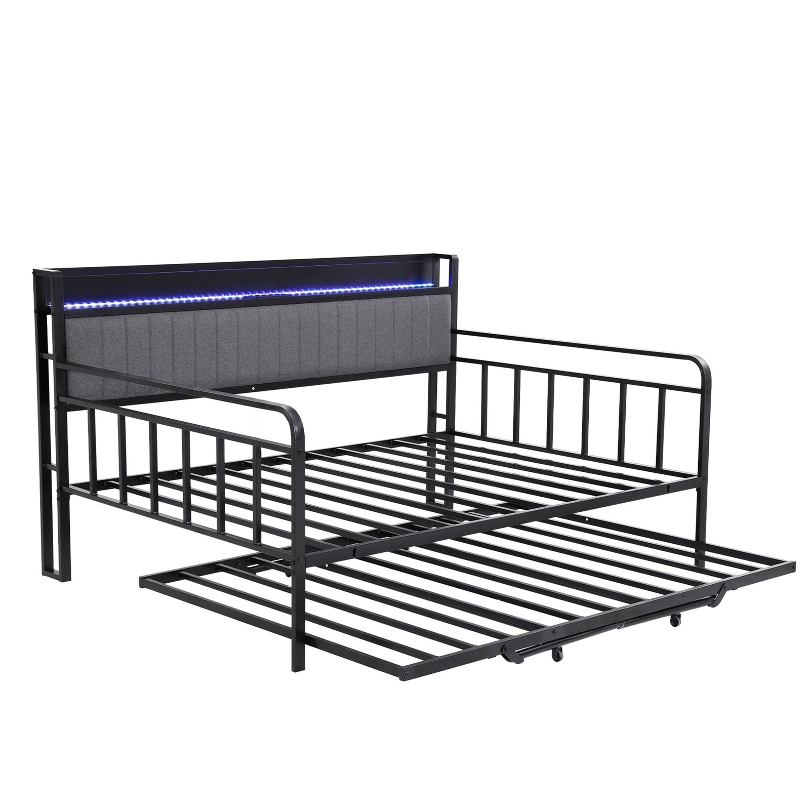 Double Bed Frame | LED Metal Trundle Daybed with Charging Station