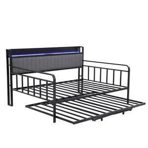 Artiss Bed Frame Double LED Metal Trundle Daybed with Charging Station TURN