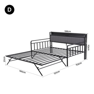 Artiss Bed Frame Double LED Metal Trundle Daybed with Charging Station TURN