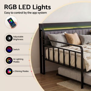 Artiss Bed Frame Double LED Metal Trundle Daybed with Charging Station TURN