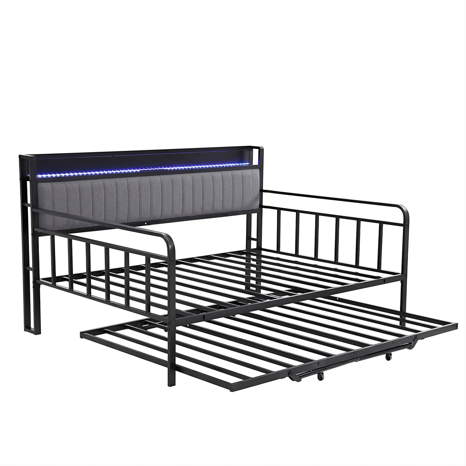King Single Bed Frame | LED Metal Trundle Daybed with Charging Station