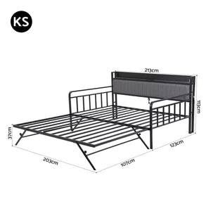 Artiss Bed Frame King Single LED Metal Trundle Daybed with Charging Station TURN