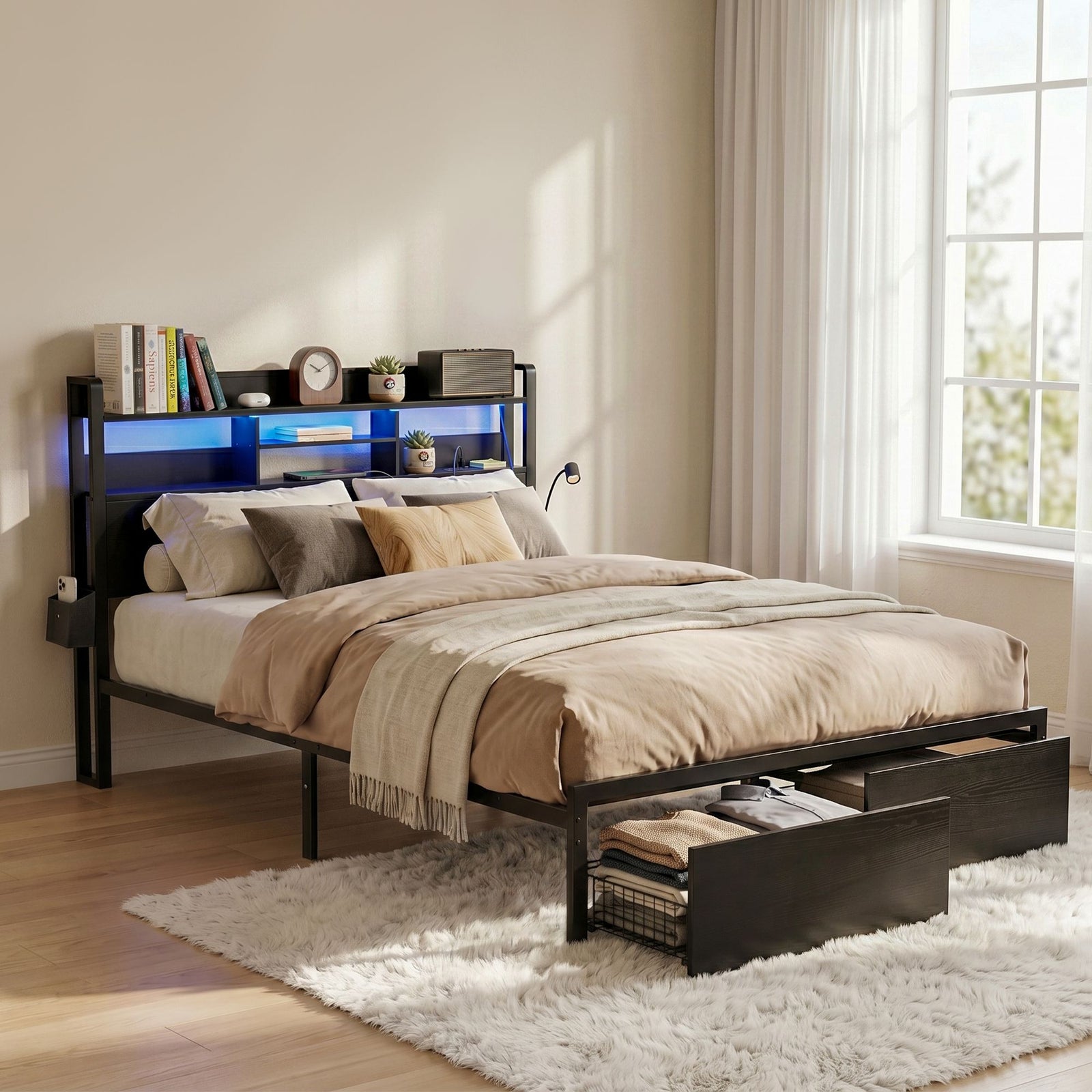 Queen Bed Frame | LED Storage Bed with Charging Station & Drawers