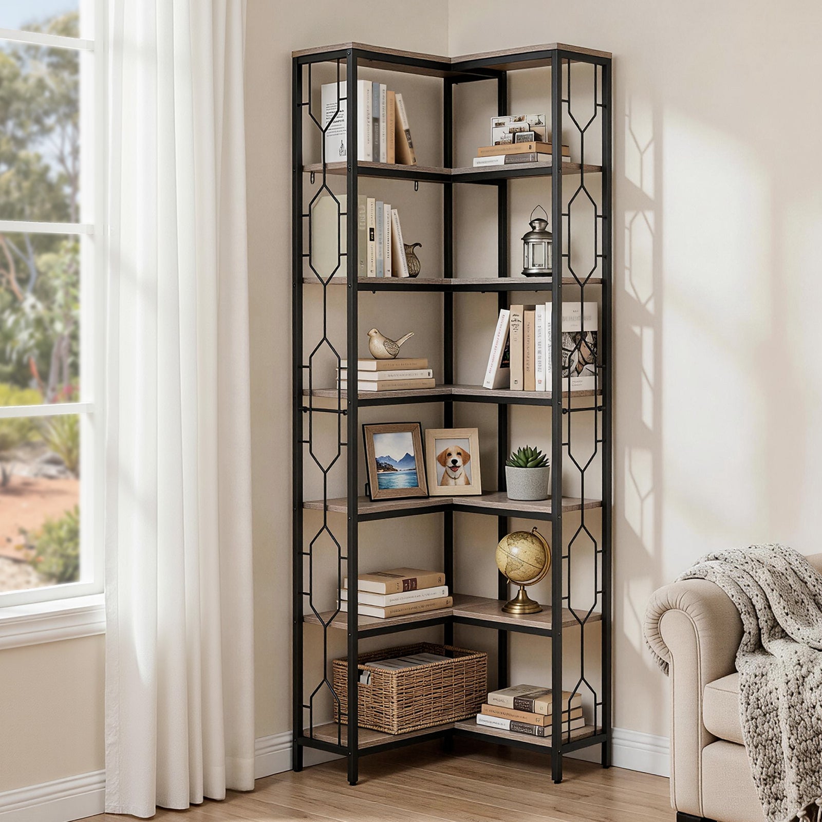 Corner Bookshelf | 6-Tier Display Bookcase | Oak