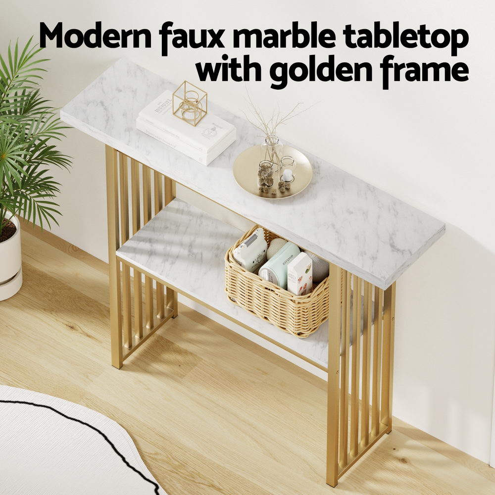 Console Table | Marble Effect | White & Gold Frame