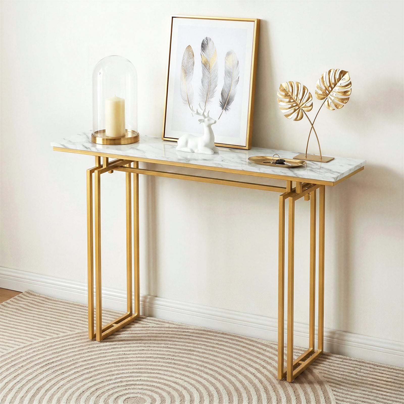 Console Table | 110cm Marble Effect Entryway Table | White & Gold