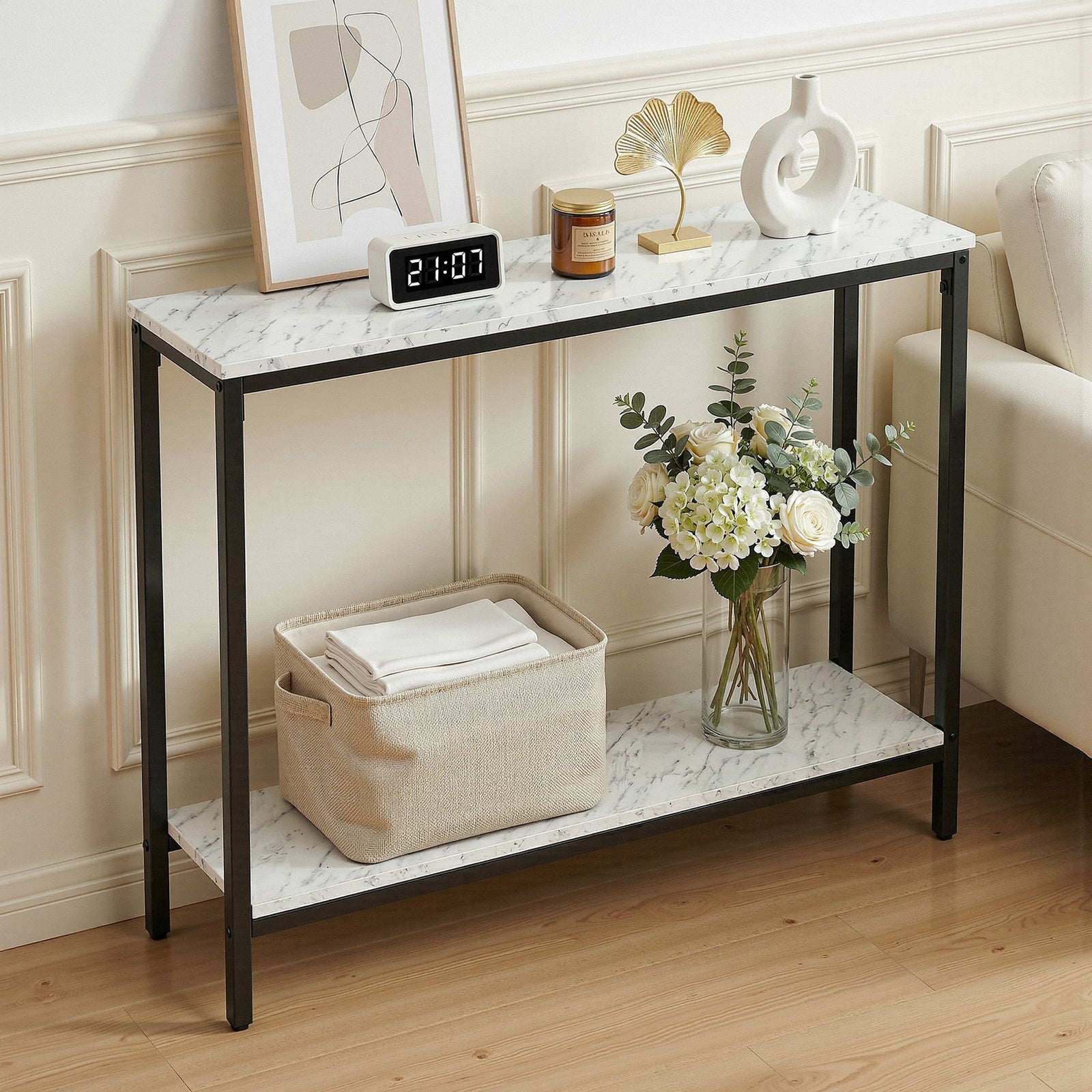 Console Table | Marble Effect Entryway Display Table | White