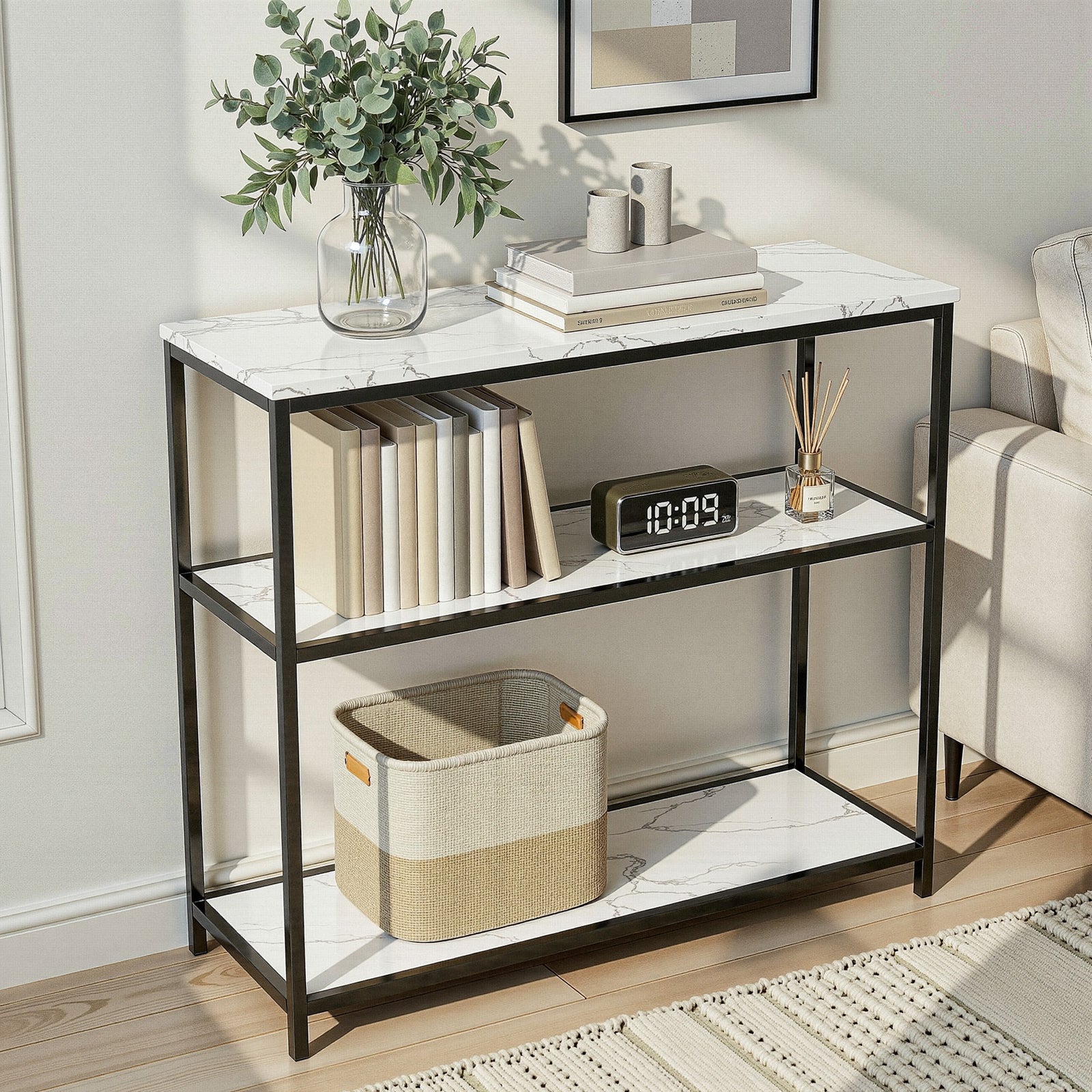 Console Table | 90cm Marble Effect 3-Tier Sofa Side Table | White