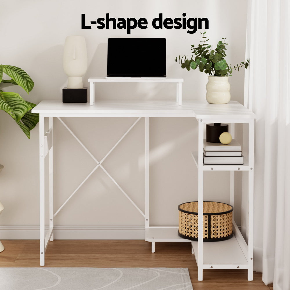 Computer Desk 100cm | L-Shape Home Office Table with Open Shelves | White