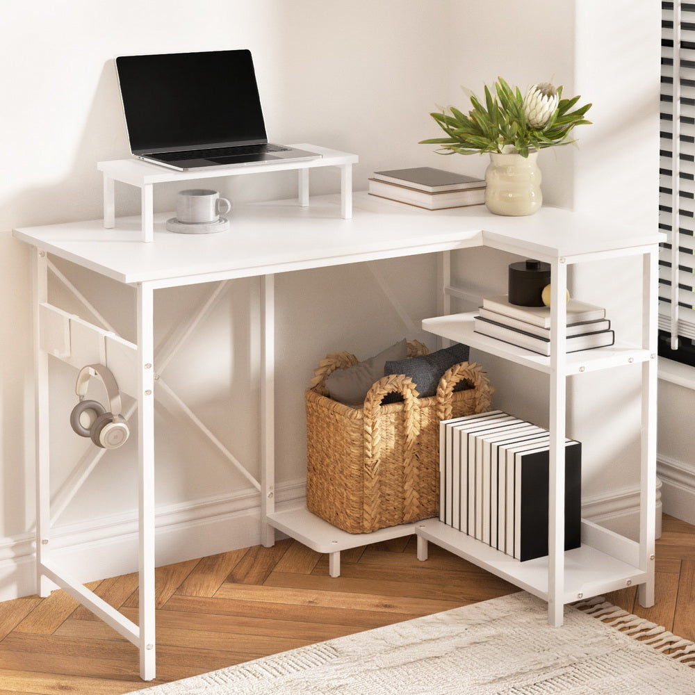 Computer Desk 100cm | L-Shape Home Office Table with Open Shelves | White