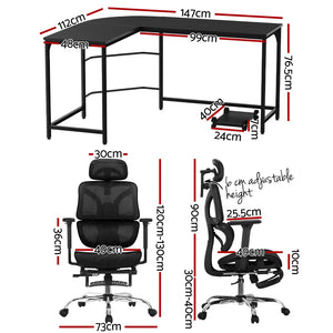 Artiss Office Set | L-Shape Desk + Ergonomic Mesh Chair | Study or Home Office