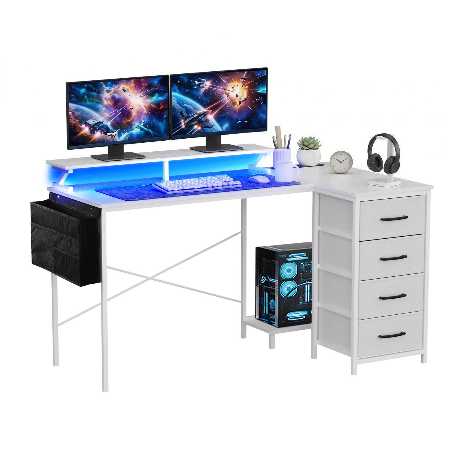 L-Shaped Gaming Desk | 140cm | LED Lights & Power Outlets