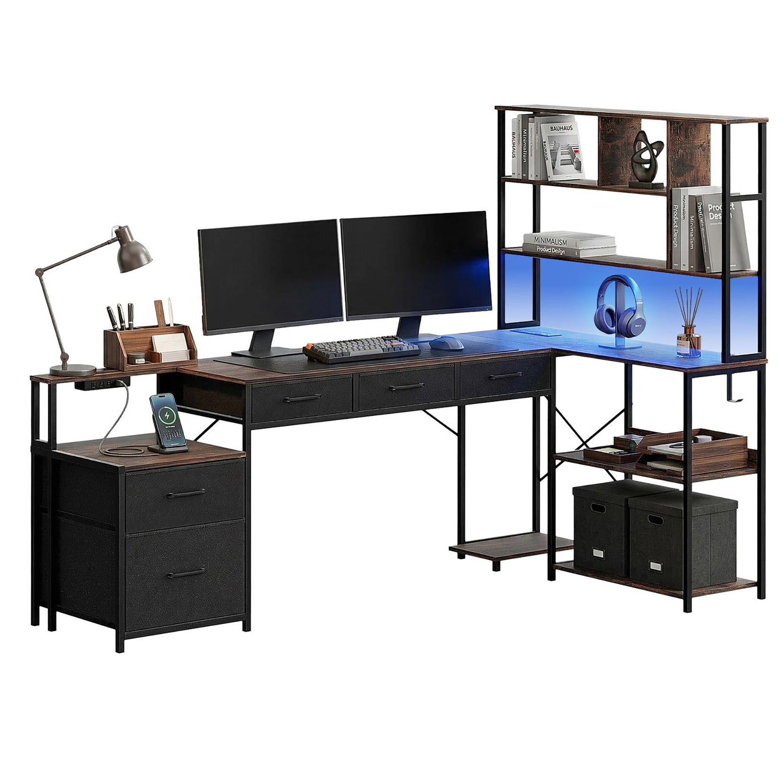 L-Shaped Gaming Desk | 200cm | LED Lights & Power Outlets