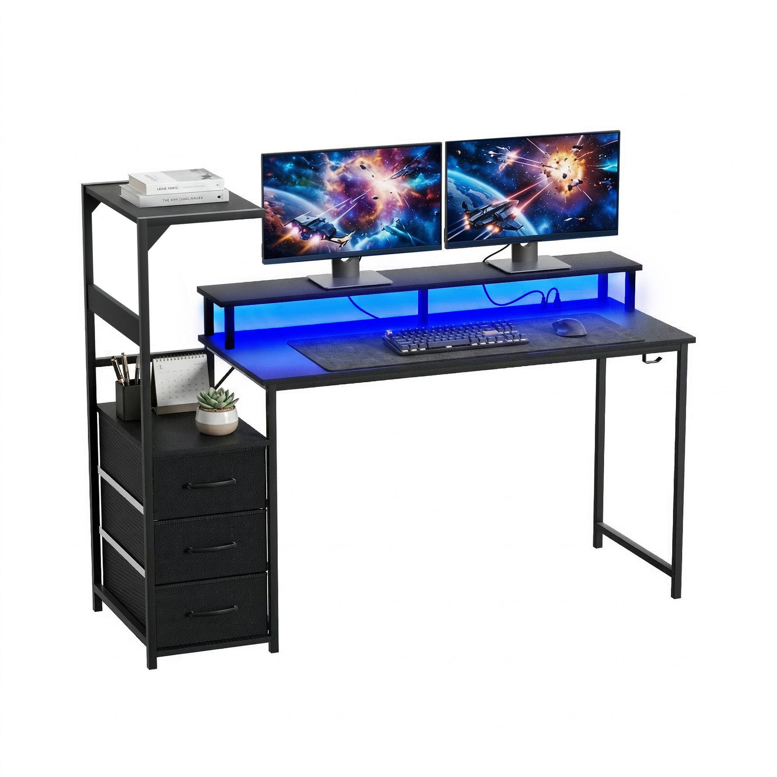 L-Shaped Gaming Desk | 145cm | LED Lights & Power Outlets