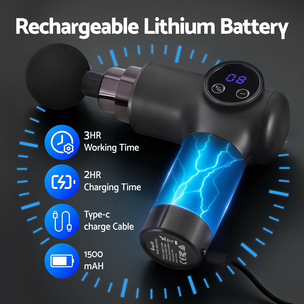 Everfit Massage Gun | 8 Speed | 4 Heads | Rechargeable Muscle Massager | Black