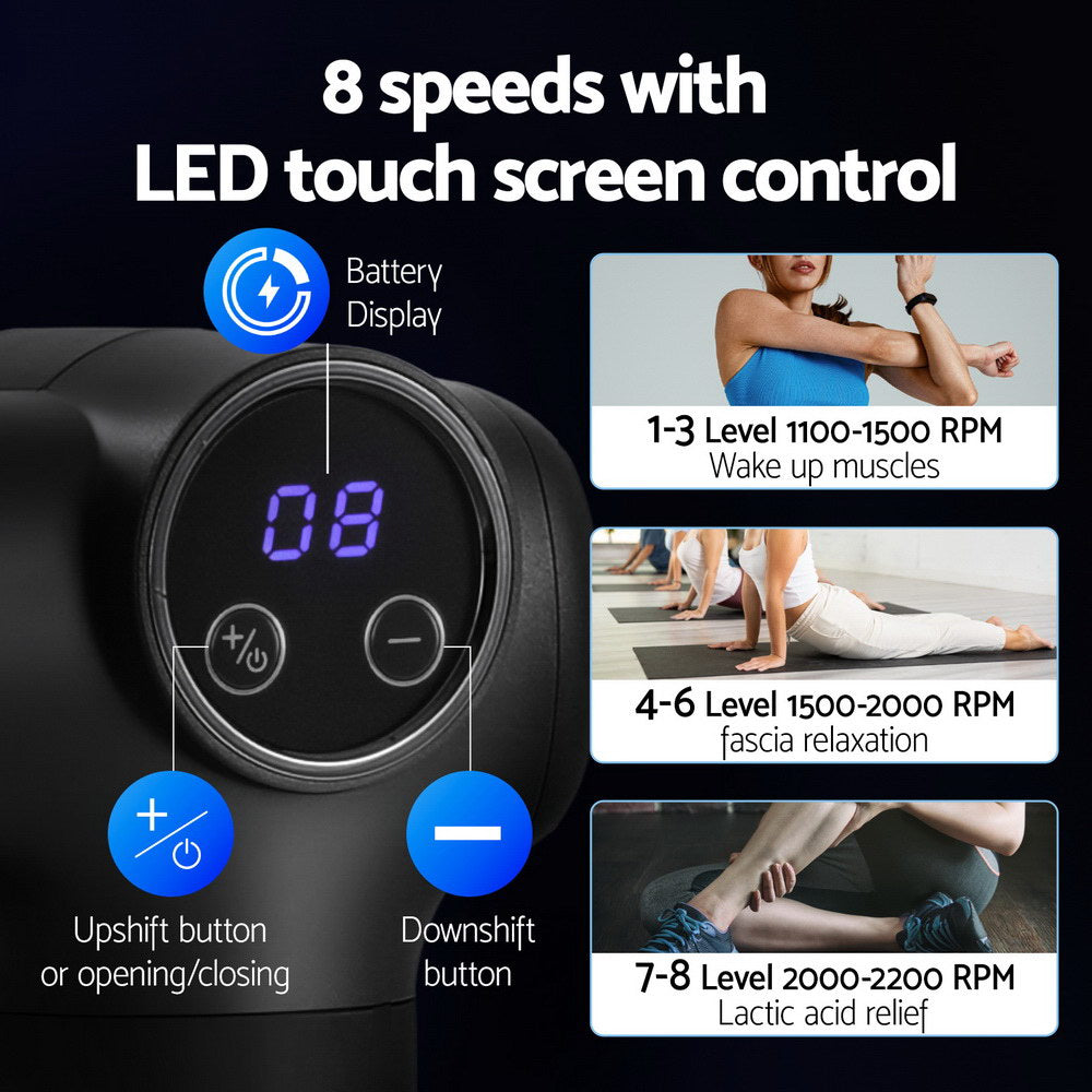 Everfit Massage Gun | 8 Speed | 4 Heads | Rechargeable Muscle Massager | Black