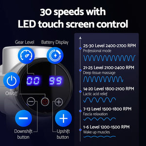 Everfit Massage Gun | 30 Speed | 6 Heads | Rechargeable | Silver