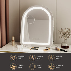 Makeup Mirror 35x45cm | Dressing Table Vanity Mirror | LED Stripe Lights | 5x Magnification | Rotating White Arch