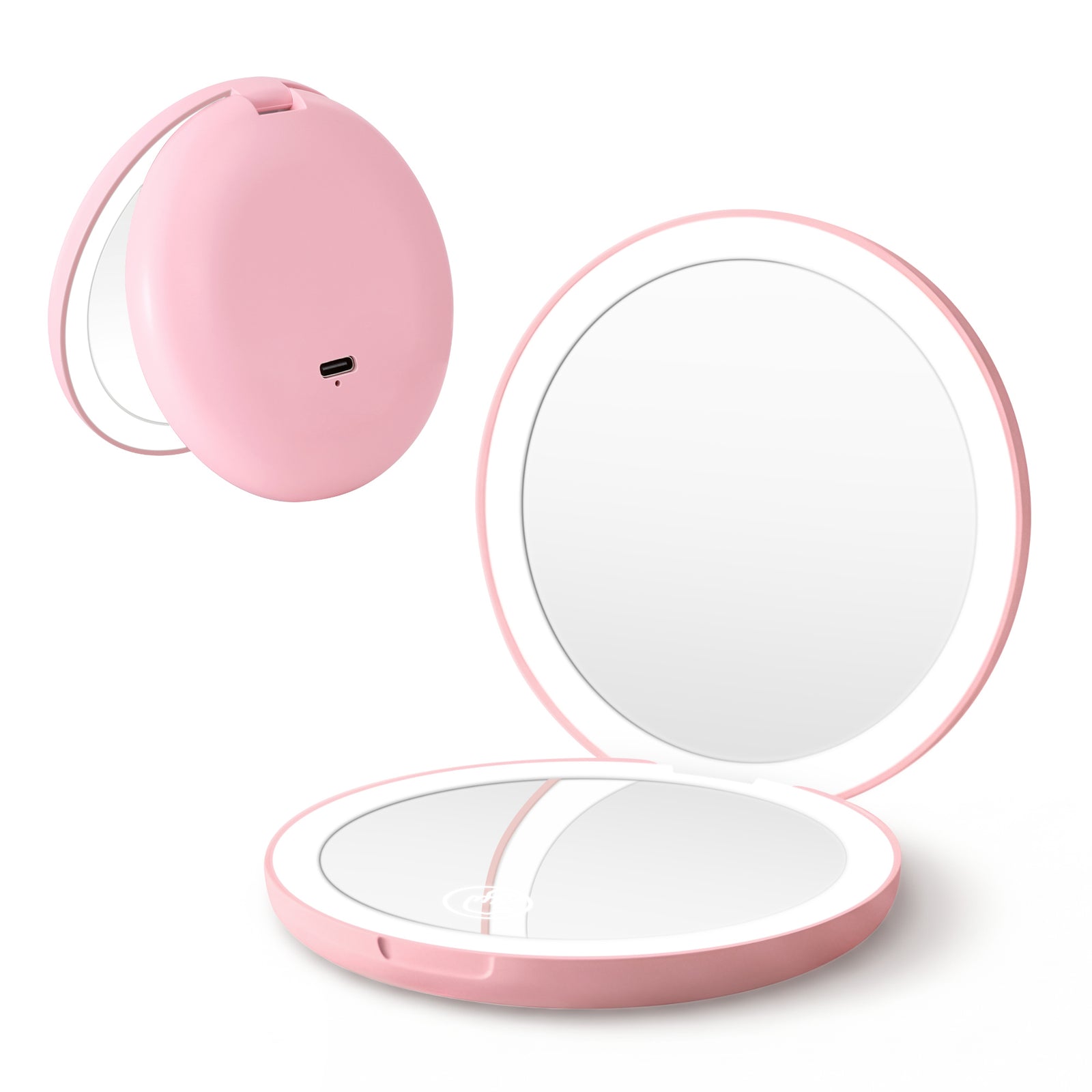 LED Compact Mirror | Round Travel Makeup Mirror | 10x Magnification | Pink