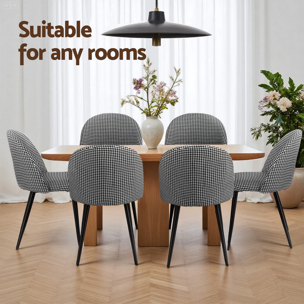 Dining Chairs Set 2pc | Linen Upholstery | Curved Back | Houndstooth