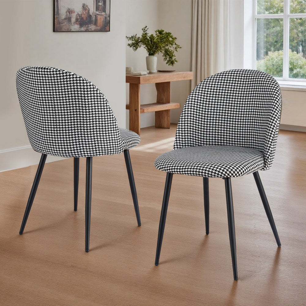 Dining Chairs Set 2pc | Linen Upholstery | Curved Back | Houndstooth