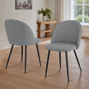 Dining Chairs Set 2pc | Linen Upholstery | Curved Back | Houndstooth
