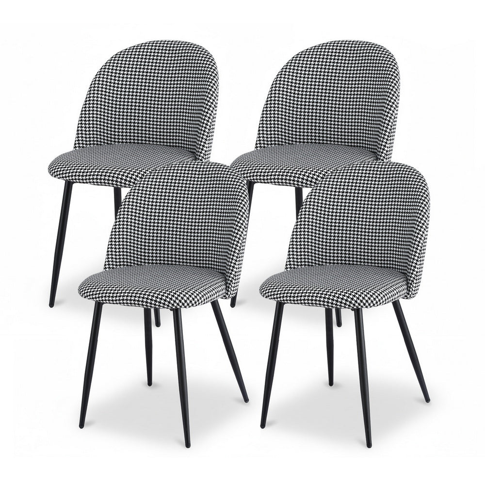 Dining Chairs Set 4pc | Linen Fabric | Curved Back | Houndstooth