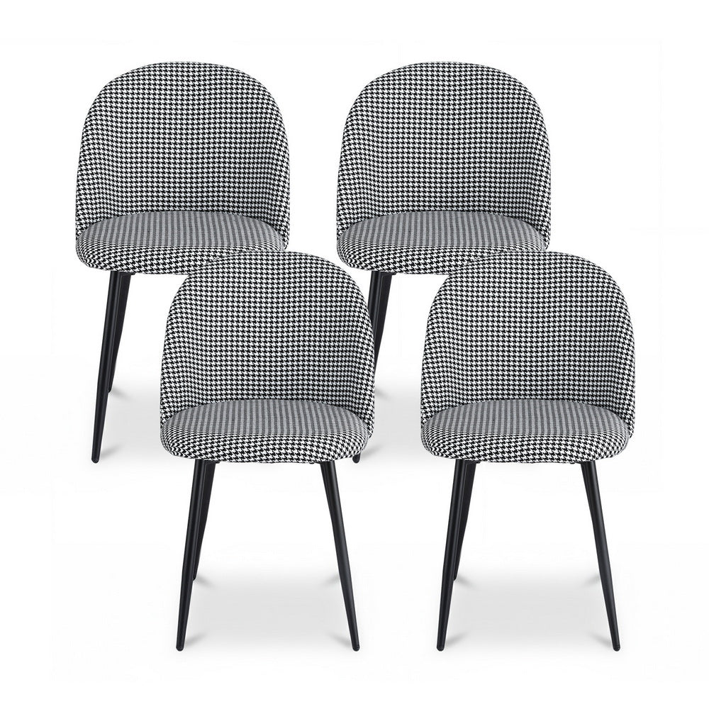 Dining Chairs Set 4pc | Linen Fabric | Curved Back | Houndstooth