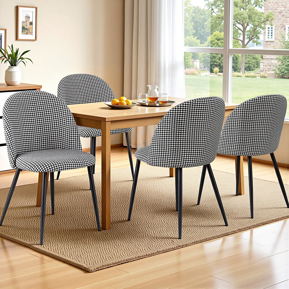 Dining Chairs Set 4pc | Linen Fabric | Curved Back | Houndstooth
