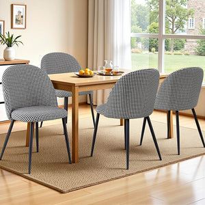 Dining Chairs Set 4pc | Linen Fabric | Curved Back | Houndstooth