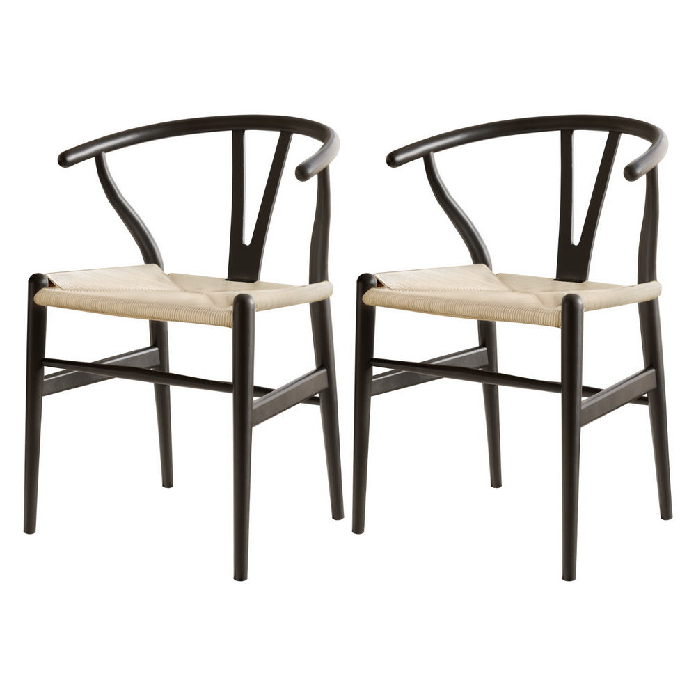 Dining Chairs | Wooden Rattan | Wishbone Design | Black | Set of 2
