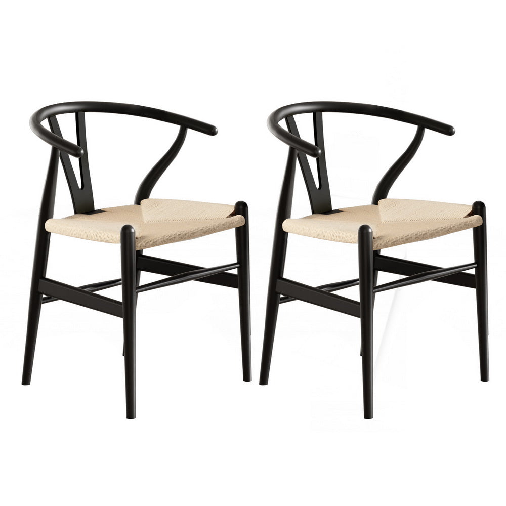 Dining Chairs | Wooden Rattan | Wishbone Design | Black | Set of 2