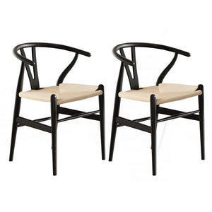 Dining Chairs | Wooden Rattan | Wishbone Design | Black | Set of 2