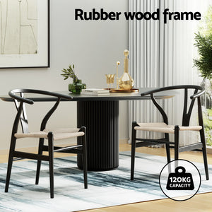 Dining Chairs | Wooden Rattan | Wishbone Design | Black | Set of 2
