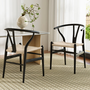 Dining Chairs | Wooden Rattan | Wishbone Design | Black | Set of 2