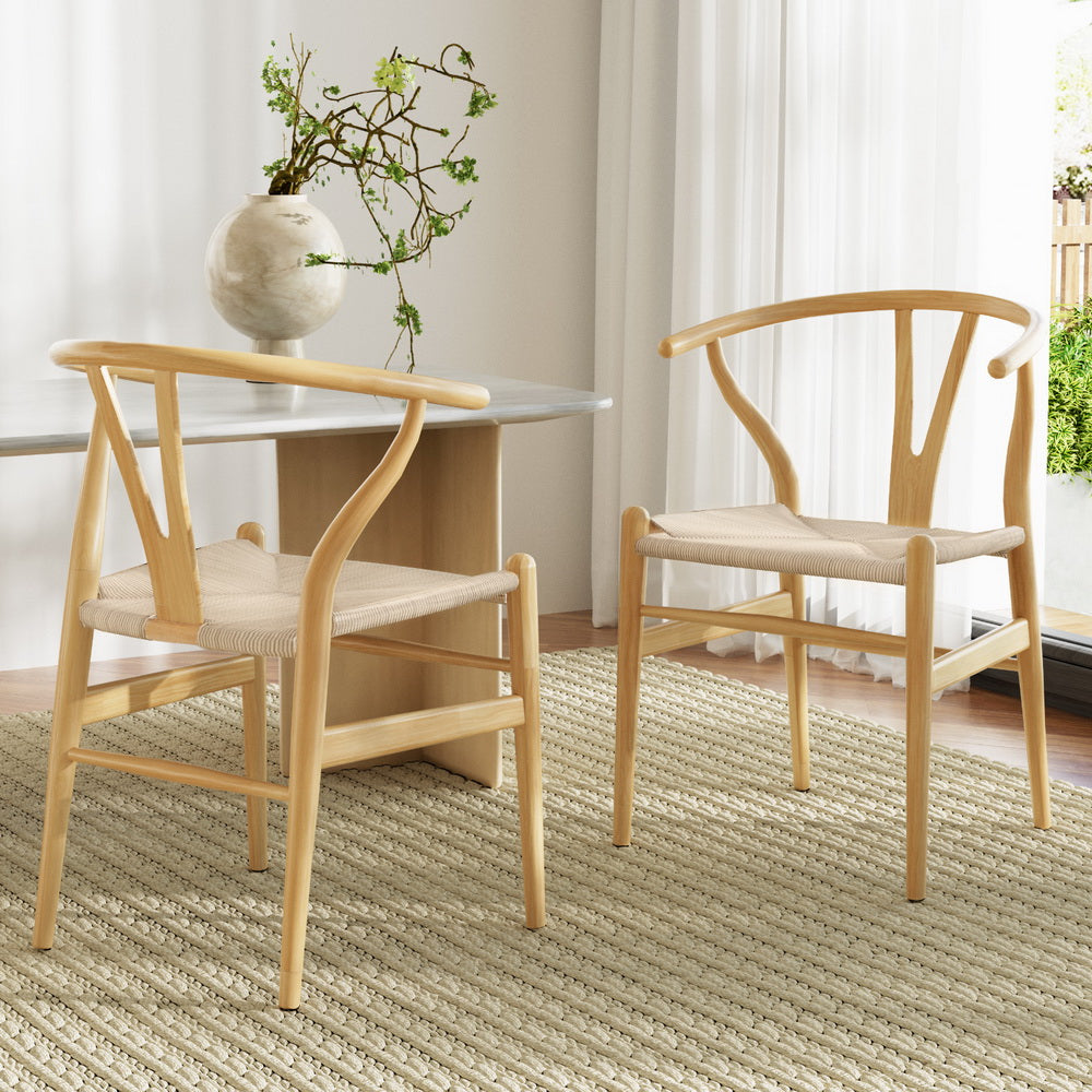 Dining Chairs | Set of 2 | Wooden Rattan Seat | Wishbone Back Design