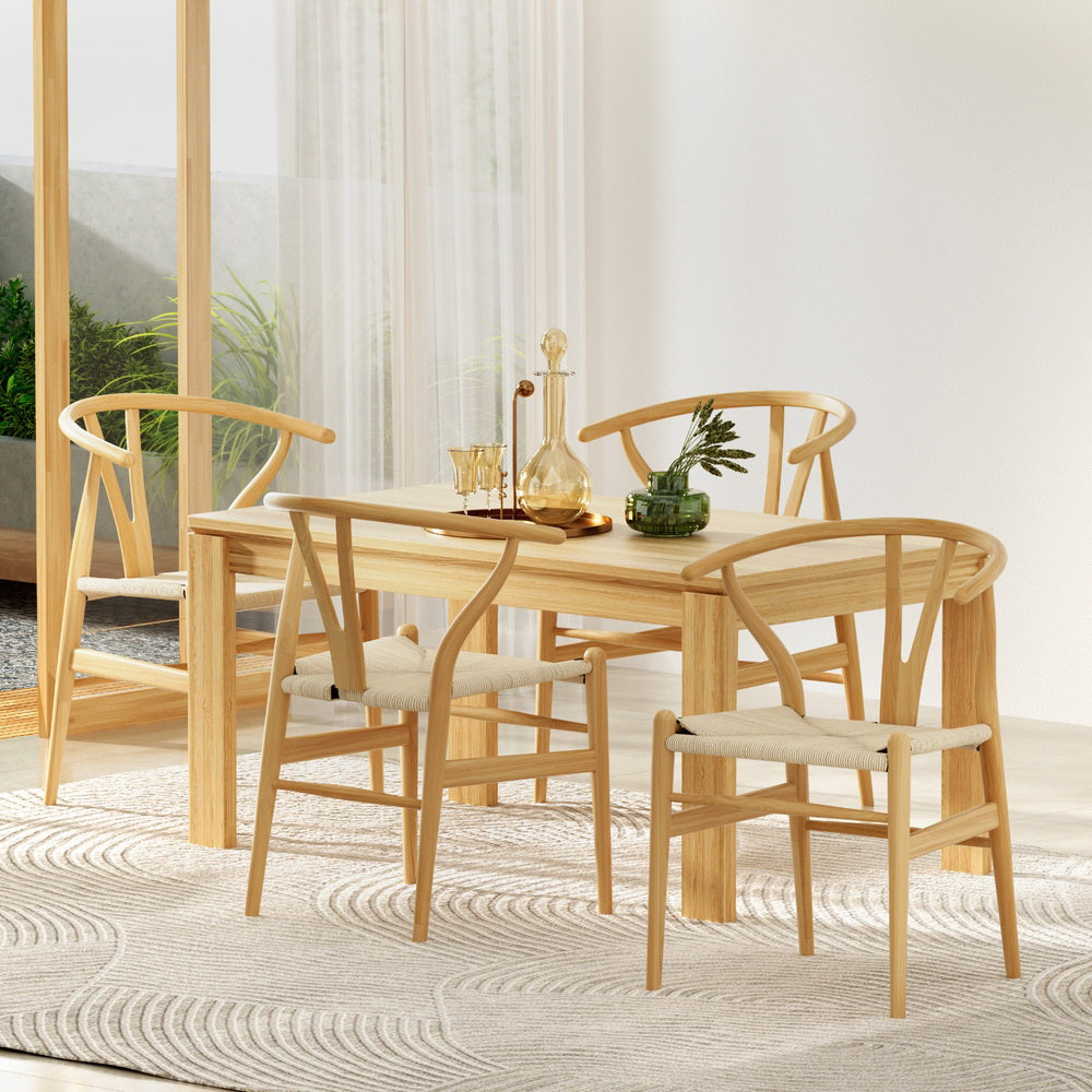Artiss Dining Chairs | Set of 4 | Wooden with Rattan Seat | Wishbone Back