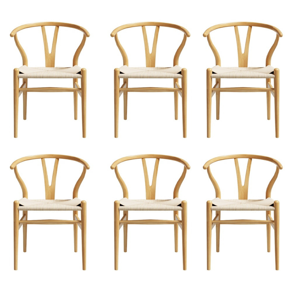 Artiss Dining Chairs | Set of 6 | Wooden with Rattan Seat | Wishbone Back