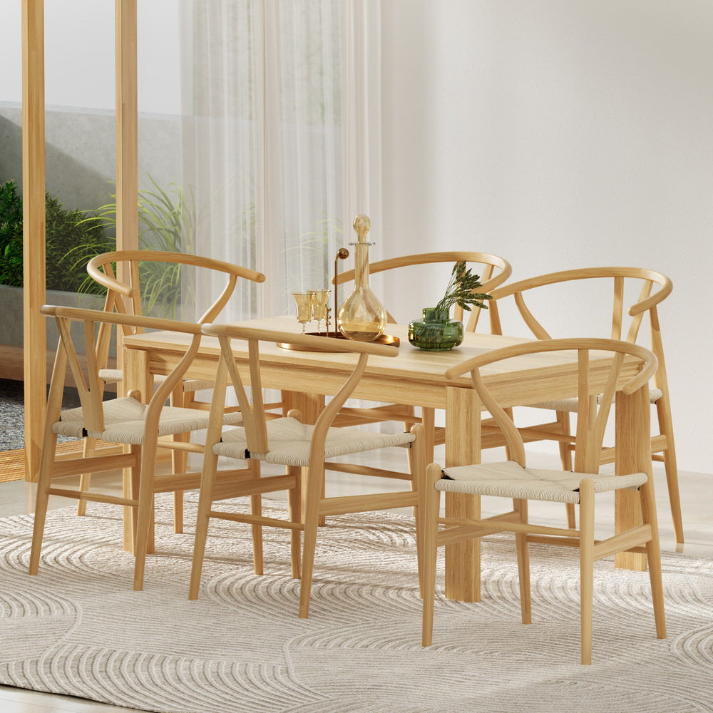 Artiss Dining Chairs | Set of 6 | Wooden with Rattan Seat | Wishbone Back