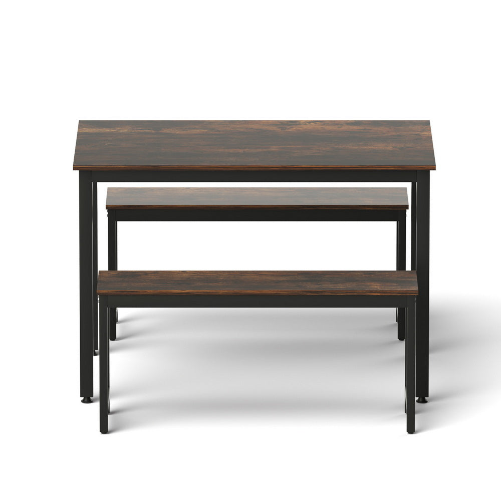 Dining Table + Chairs Set 3pc | Bench Seating | Metal Frame | Dark Walnut